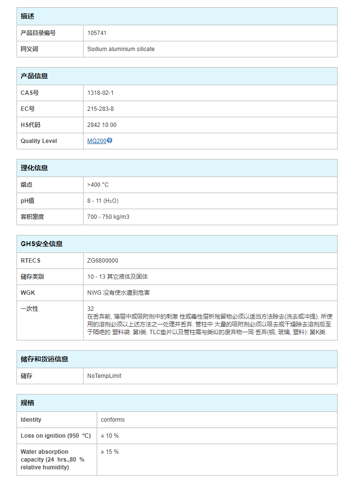 Millipore密理博0.3nm分子筛 实验室试剂1.05741.0250
